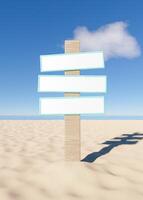 Mockup of wooden sign on the sand of the beach, 3d render photo