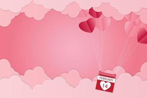 Valentine's day, heart-shaped balloon floating in the sky, pink background, paper art vector