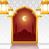 Eid Mubarak Background with Hanging Lanterns and Arabesque Arch vector