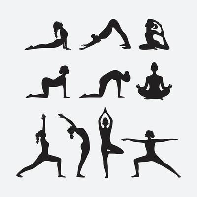 Silhouette or Colorful Contour of Women`s Standing in Various Yoga