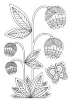 COLORING BOOK WITH TWO BLUEBELL BUSHES AND A BUTTERFLY vector