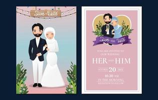 Wedding invitation card the bride and groom cute muslim couple cartoon in white dress with lace. vector