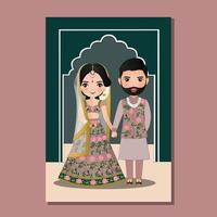 Wedding invitation card the bride and groom cute couple in traditional indian dress cartoon character. Vector illustration.