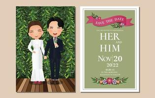 Tarjeta de invitación de boda la novia y el novio personaje de dibujos animados de pareja linda con hojas verdes background.vector ilustración vector