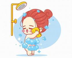 Cute girl taking shower in bathroom cartoon art illustration vector