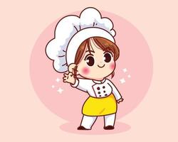 Linda chica chef sonriendo en uniforme mascota gesticulando signo ok ilustración de arte de dibujos animados vector