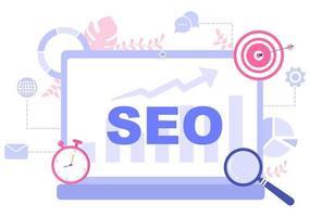 Ilustración de vector de optimización seo para motor de búsqueda, desarrollo de aplicaciones, páginas web y marcadores. página de destino o plantilla de banner