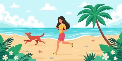 tiempo libre en la playa. mujer corriendo con perro. Hora de verano. ilustración vectorial vector