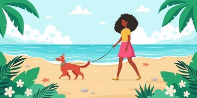 Leisure time on beach. Black woman walking with dog. Summer time. Vector illustration