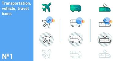 This is a set of icons of an airplane and a bus and a tram in different styles vector