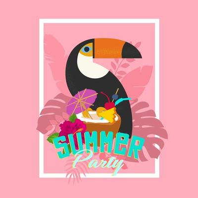 Tropical bird Toucan on a floral background
