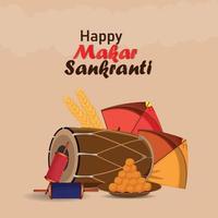 feliz makar sankranti banner o encabezado con laddoo y hermosas cometas vector