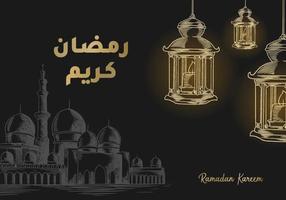 Ramadan Kareem greeting card with mosque and lantern vector