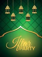 Iftar party celebration party flyer with vector arabic lantern on pattern background