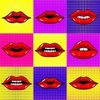 Hand drawn vector illustrations. Mouth with teeth. Female lips set on bright background. Pop-art style.