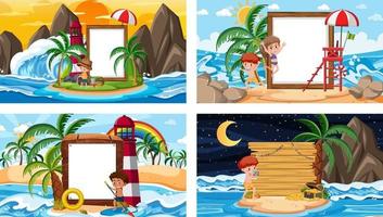 Set of different tropical beach scenes with blank banner vector