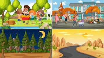 Set of different nature scenes background with people vector