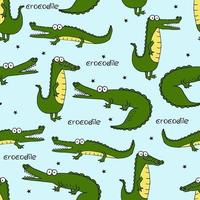 Seamless pattern with a cute green crocodile. Vector illustration for printing on fabric, packaging paper, Wallpaper. Cute children's background.