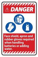 Danger Sign Face Shield Apron And Rubber Gloves Required When Handling Batteries or Adding Water With PPE Symbols vector