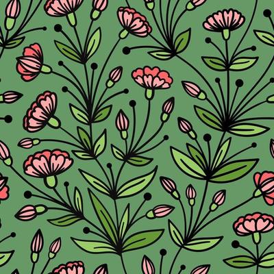 SEAMLESS GREEN PATTERN WITH TRAILING PINK FLOWERS