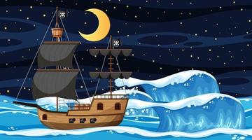 Ocean with Pirate ship at night scene in cartoon style vector