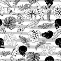 Tropical palm trees, banana leaves and skull on strip background. Abstract background seamless pattern. vector