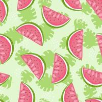 Slices of watermelon and seeds on a green leaves background. Seamless pattern summer theme tropical backdrop fruit and leaves. Perfect for textile manufacturing wallpaper posters. vector