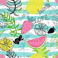 Exotic tropics funny wallpapers. Seamless pattern with leaves, pineapples, strawberries and lemons on colorful background. vector