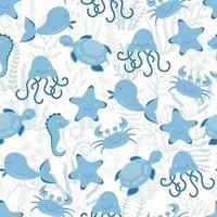 Patrón de cangrejo azul lindo transparente, garabatos de animales dibujados a mano de dibujos animados. cangrejos divertidos con olas.