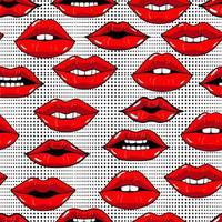 patrón transparente con labios rojos en estilo pop art sobre fondo abstracto con puntos. belleza repetida como telón de fondo. papel tapiz de niña. puntos y labios de beso. estilo de dibujos animados coloridos. vector