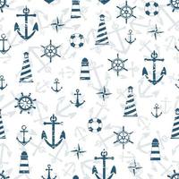 Collection of sea anchor, lighthouse, compass, lifebuoy. Seamless pattern with scuffs. Endless texture. Vacation holiday background. Summer pattern. vector