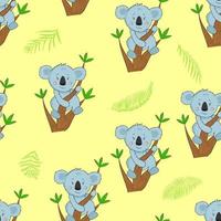 Seamless pattern with cartoon koala on the eucalyptus tree branch. Illustration with funny koala and exotic leaves. Pattern for fabric and clothes. vector