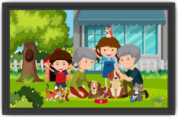 Happy family playing with their dogs outdoor scene in a photo frame