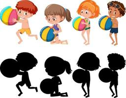 Set of different kids cartoon character in summer theme with silhouette vector