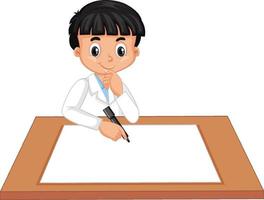 A boy wearing scientist gown with empty paper on the table vector