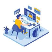 Man Working From Home in Isometric Style vector