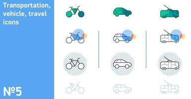 This is a set of bike and trolleybus icons and cars in different styles vector