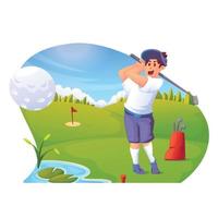 Hombre jugando al golf en el campo de golf verde vector