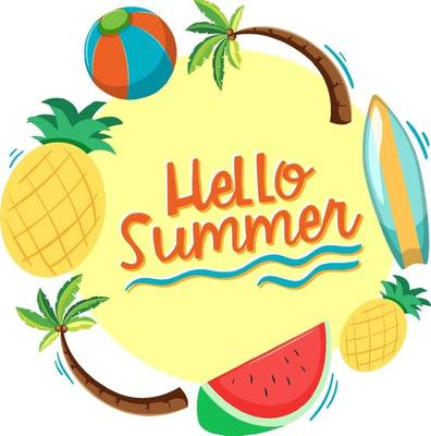 Hello Summer font with summer beach elements isolated