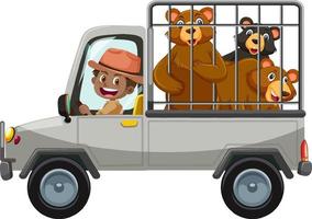 Zoo concept with bear group in the cage car isolated on white background vector