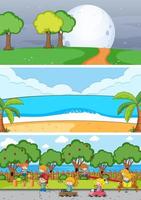 Set of different horizontal scenes background with doodle kids cartoon character vector