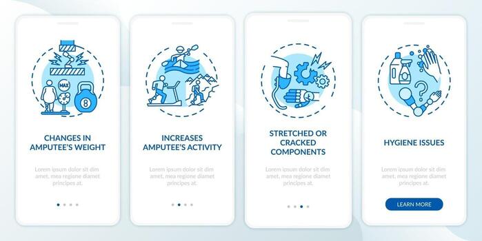 Prosthetics replace conditions onboarding mobile app page screen with concepts vector