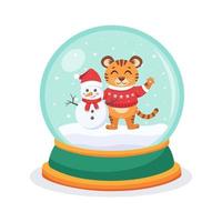 Christmas snow globe with a Tiger and snowman inside. Snow globe sphere. Vector illustration.