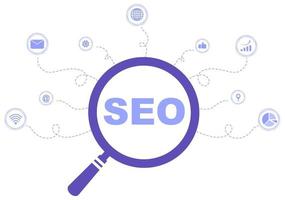 Ilustración de vector de optimización seo para motor de búsqueda, desarrollo de aplicaciones, páginas web y marcadores. página de destino o plantilla de banner