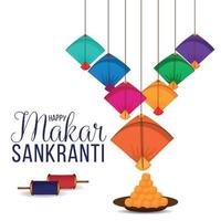 feliz makar sankranti ilustración creativa y cometa con carrete de hilo vector