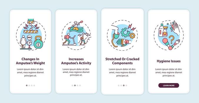 Pantalla de la página de la aplicación de incorporación de condiciones de reemplazo de prótesis con conceptos vector