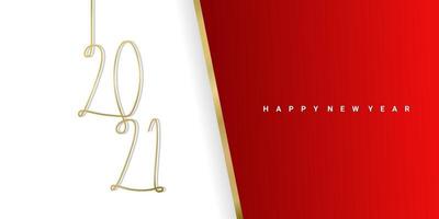 feliz año nuevo 2021 con fondo rojo y blanco. elegante plantilla de ilustración de vector minimalista de texto dorado.