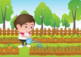 una caricatura de niño con cabeza de burbuja riega las plantas en el jardín vector