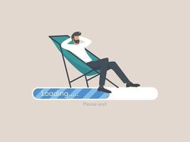 File uploading concept, young man character waiting in chair on a progress bar vector