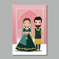 Wedding invitation card the bride and groom cute couple in traditional indian dress cartoon character. Vector illustration.